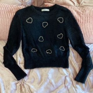 Cute fuzzy Zara black sweater with jeweled hearts